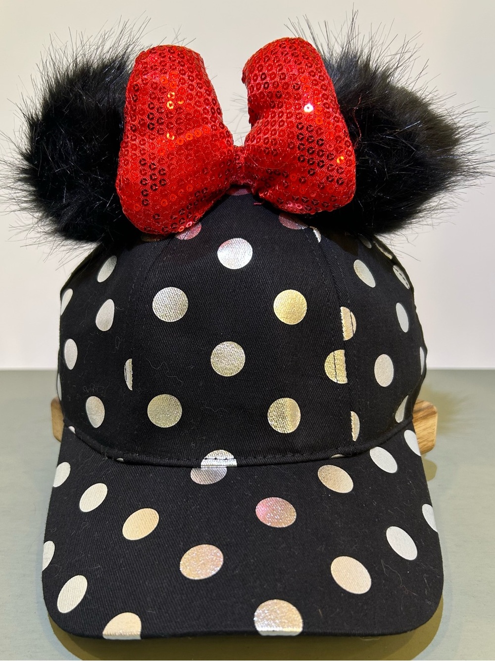 Disney Parks Minnie Mouse Ear Hat Black Silver Poka Dot Red Sequined Bow Adult